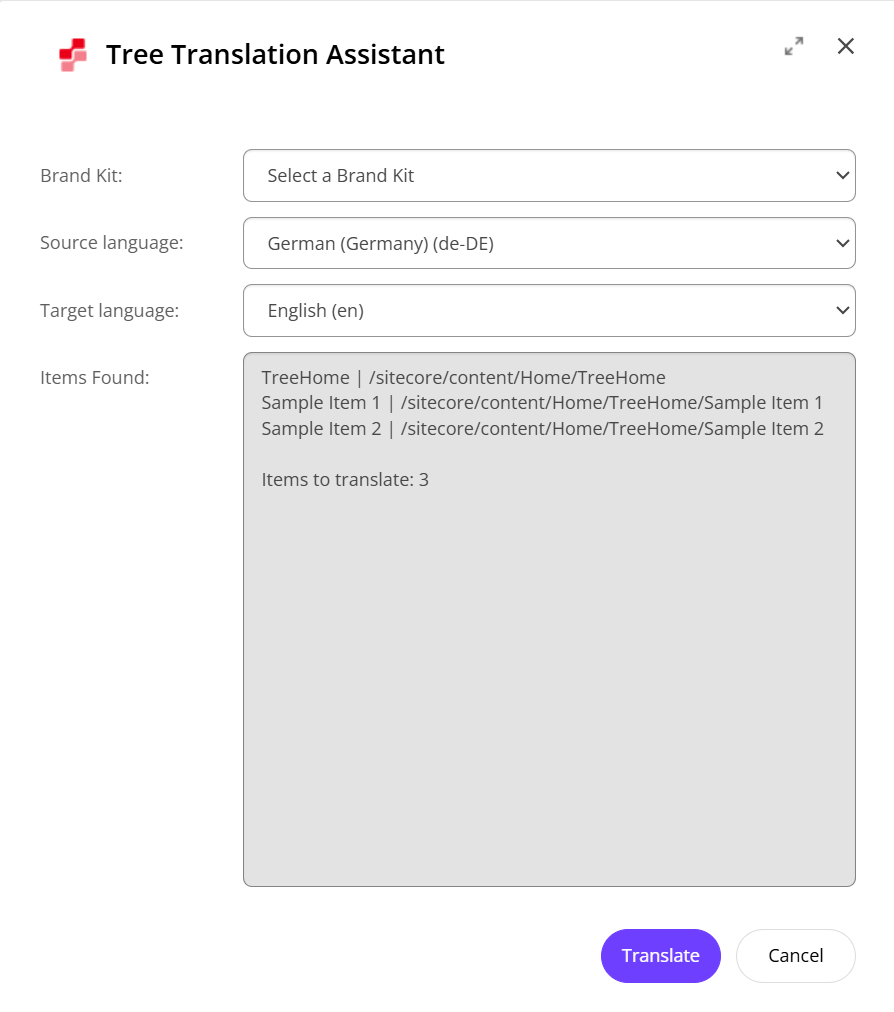 A user interface screenshot for the Tree Translation Assistant, featuring options for selecting a brand kit, source language (German), and target language (English), along with a list of items found for translation and buttons for translating or canceling.