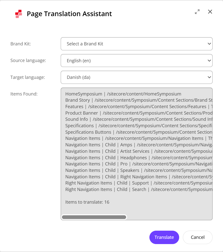 Screenshot of a Page Translation Assistant interface showing options for selecting a brand kit, source language, and target language along with a list of items found for translation.